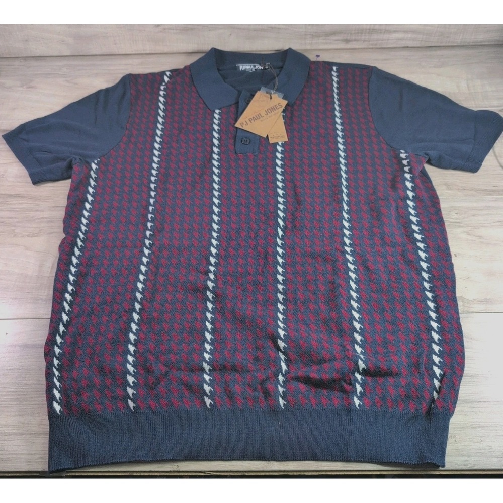 PJ Paul Jones Sweater Men XL Button Up Knit Cardigan Short Sleeve Blue / Red
